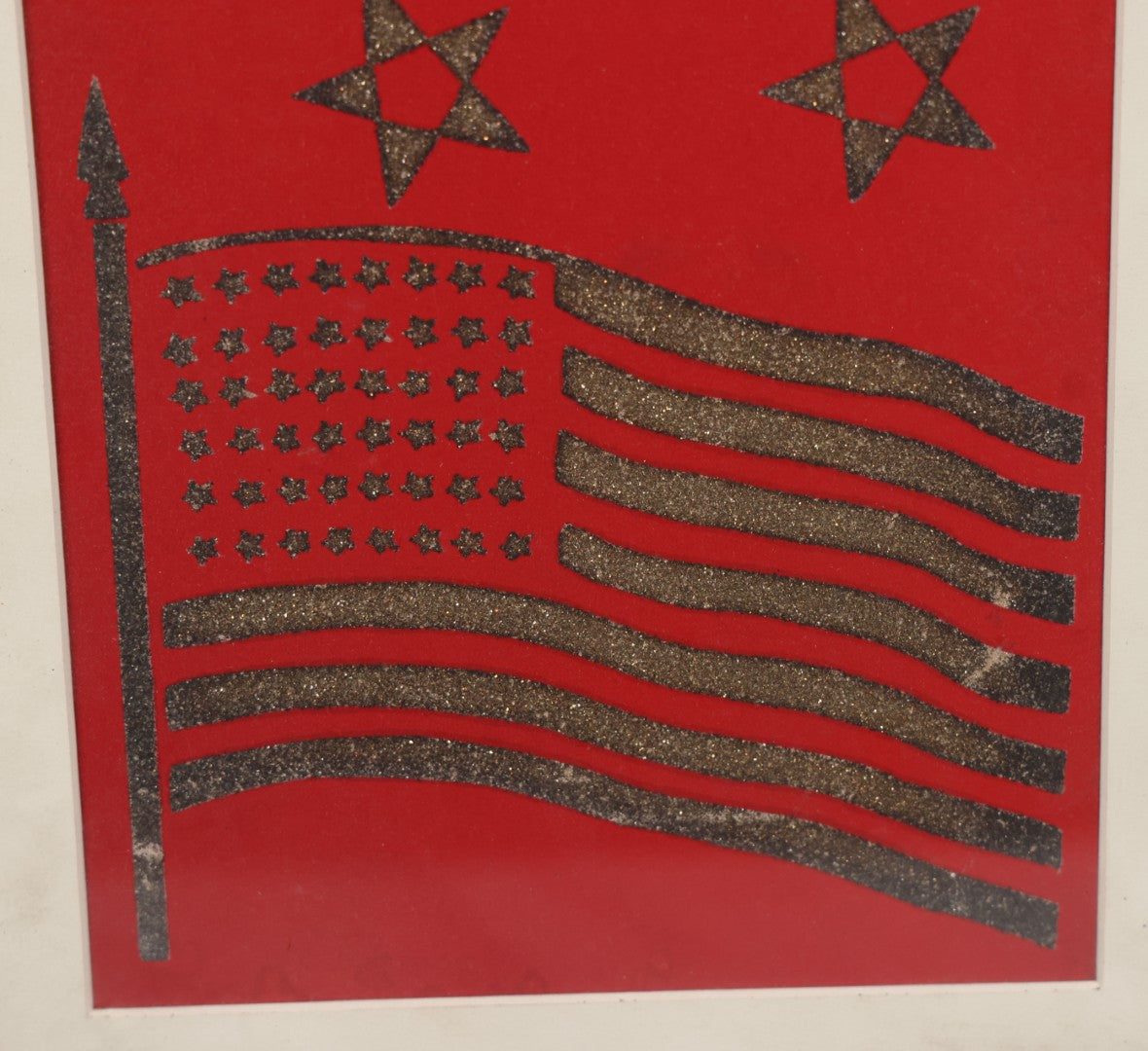 Lot 085 - Vintage "Our Sons Are In Service" War Time Red Placard With Gold Glitter Lettering, 48 Star Flag, Likely World War 2, In Frame, 9-7/8" x 13-3/8"