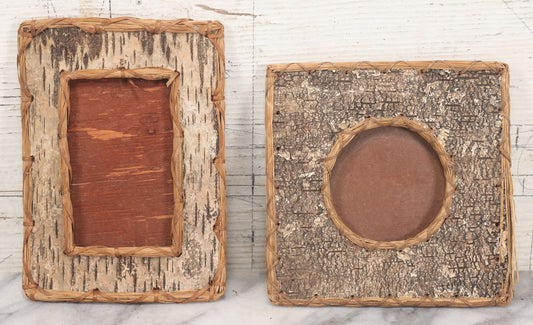 Lot 087 - Pair Of Vintage Folk Art Birch Bark Frames, One Marked Franconia Notch New Hampshire, 5" x 7" And 6" x 6" Sizes, One Mission Glass