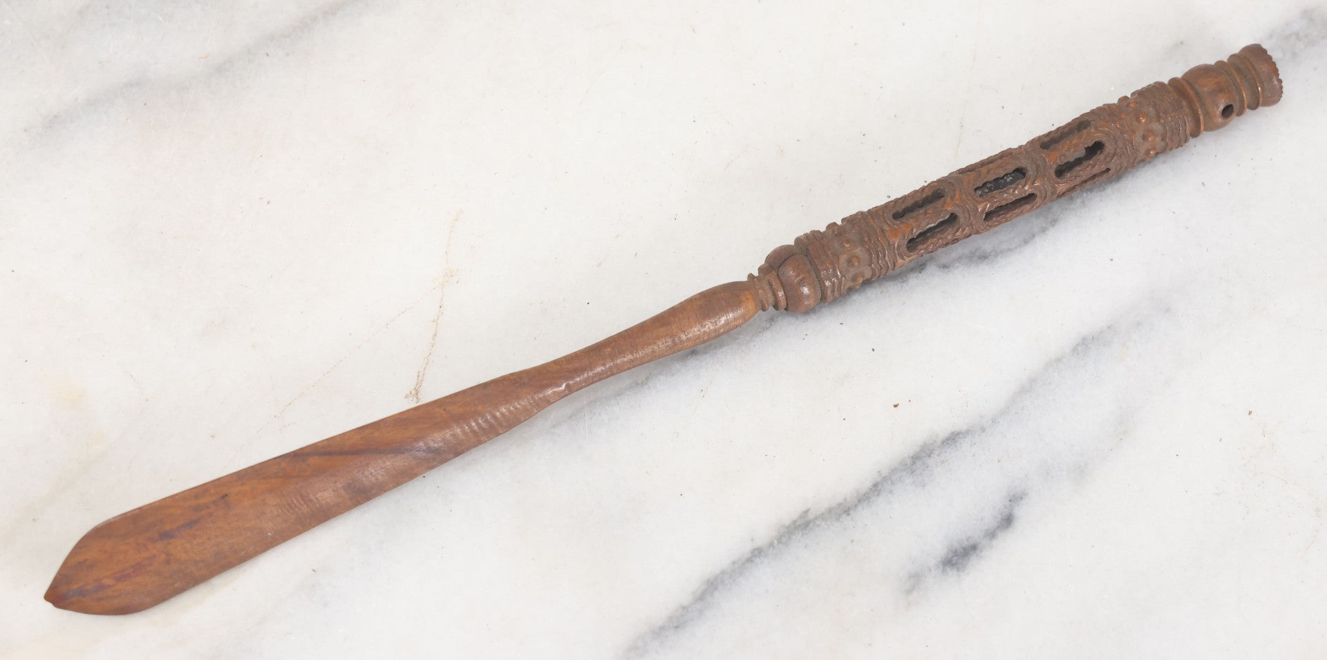 Lot 089 - Vintage Ornate Folk Art Carved Wooden Page Turner And Screw-Out Pen, As Found, Note Cracks, Pen Missing Nib