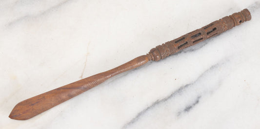 Lot 089 - Vintage Ornate Folk Art Carved Wooden Page Turner And Screw-Out Pen, As Found, Note Cracks, Pen Missing Nib
