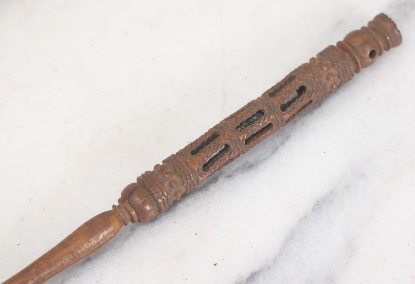 Lot 089 - Vintage Ornate Folk Art Carved Wooden Page Turner And Screw-Out Pen, As Found, Note Cracks, Pen Missing Nib