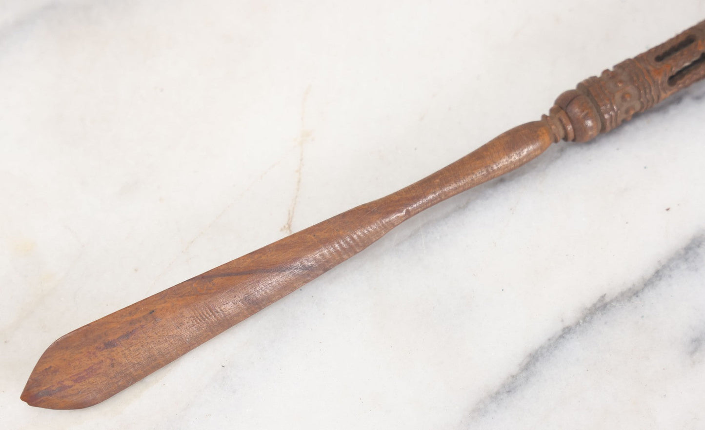 Lot 089 - Vintage Ornate Folk Art Carved Wooden Page Turner And Screw-Out Pen, As Found, Note Cracks, Pen Missing Nib