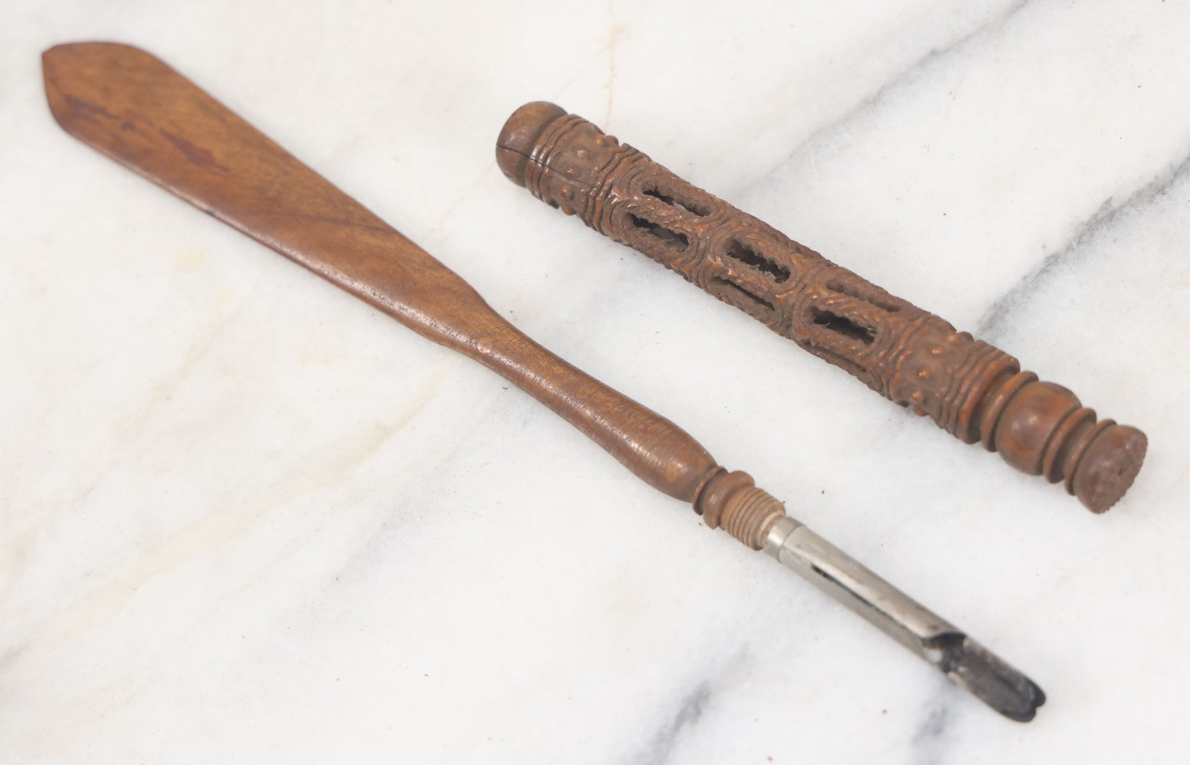 Lot 089 - Vintage Ornate Folk Art Carved Wooden Page Turner And Screw-Out Pen, As Found, Note Cracks, Pen Missing Nib