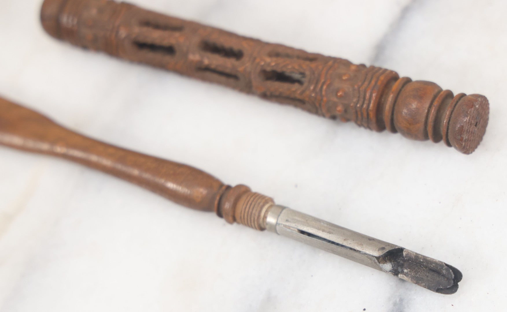 Lot 089 - Vintage Ornate Folk Art Carved Wooden Page Turner And Screw-Out Pen, As Found, Note Cracks, Pen Missing Nib
