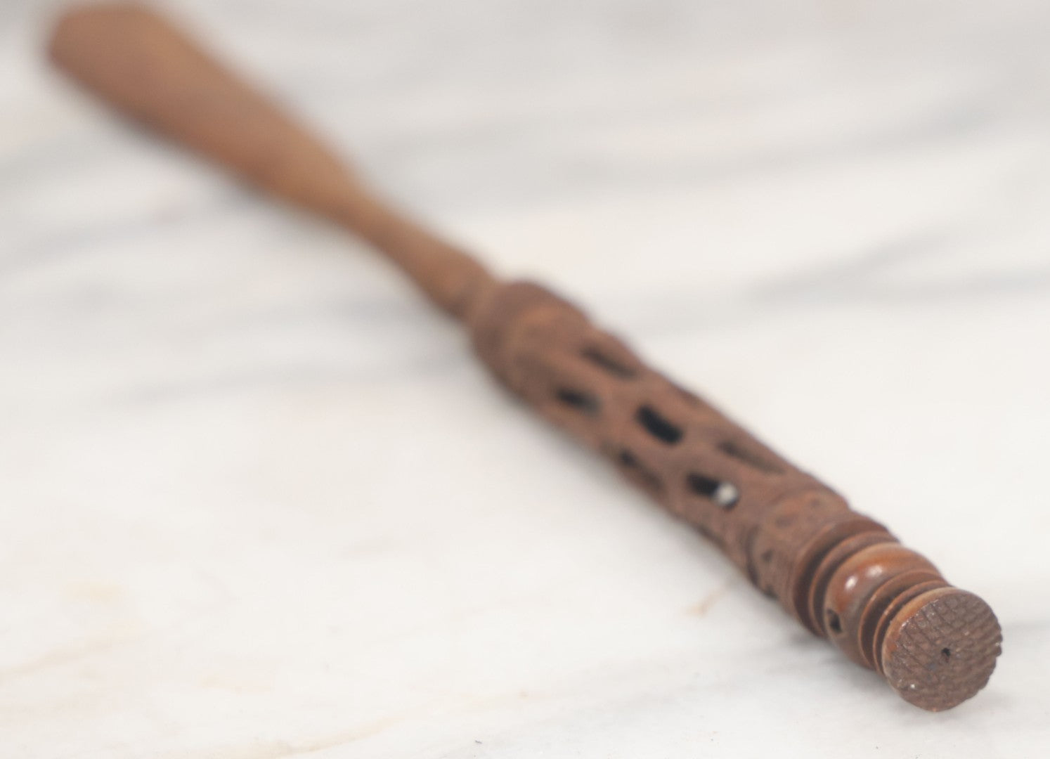 Lot 089 - Vintage Ornate Folk Art Carved Wooden Page Turner And Screw-Out Pen, As Found, Note Cracks, Pen Missing Nib