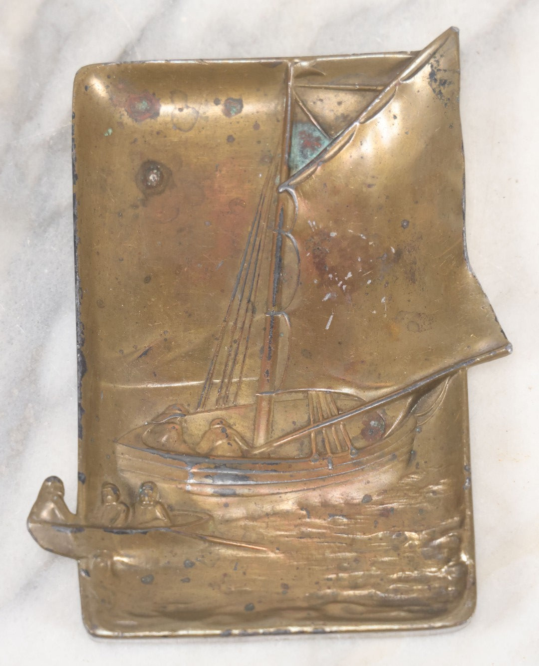 Lot 091 - Antique Jennings Brothers Cast Metal Nautical Sailing Fishing Ashtray, Trinket Dish, Marked J.B. 2624