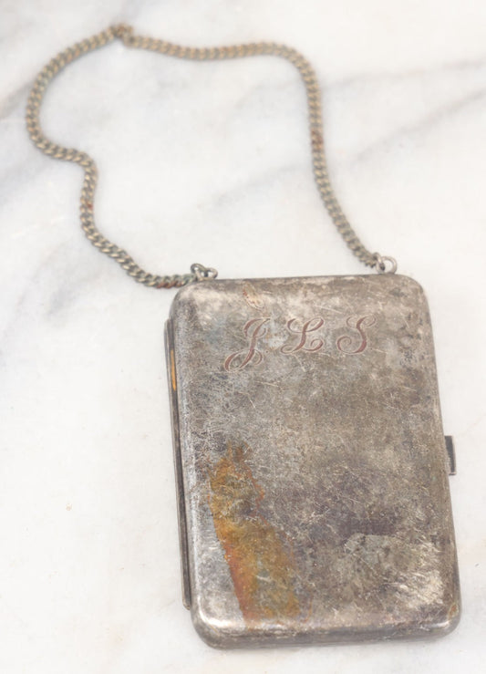 Lot 092 - Antique Silver Plate Change Purse, Compact, And Mirror, With J.L.S. Monogram, Chain, Beveled Mirror, Note Tarnishing