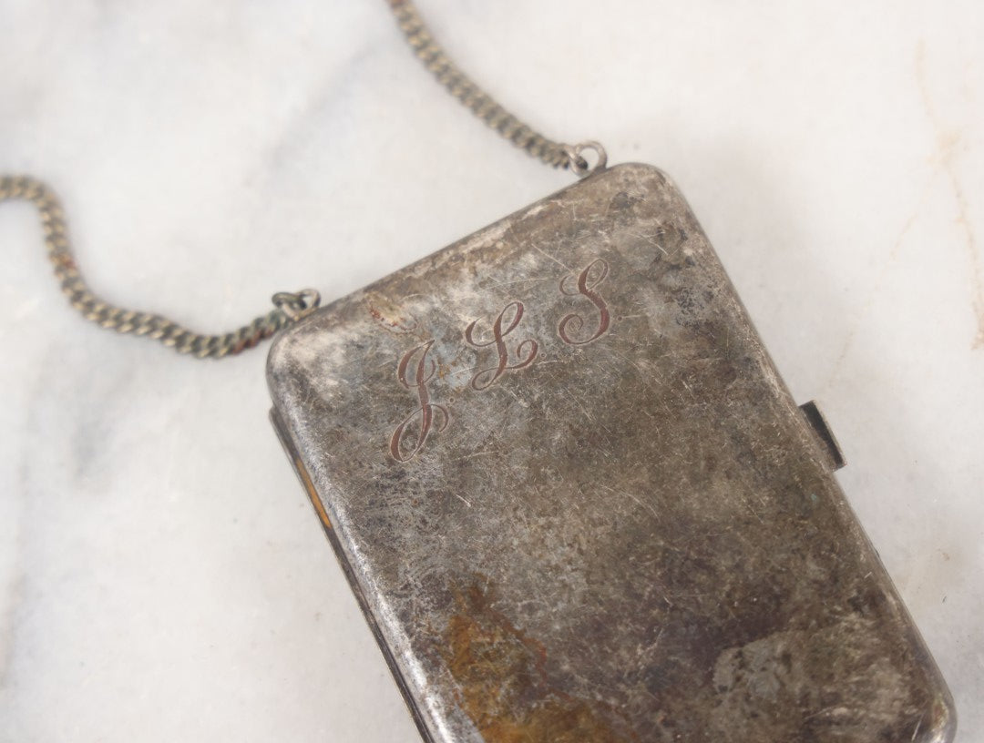 Lot 092 - Antique Silver Plate Change Purse, Compact, And Mirror, With J.L.S. Monogram, Chain, Beveled Mirror, Note Tarnishing