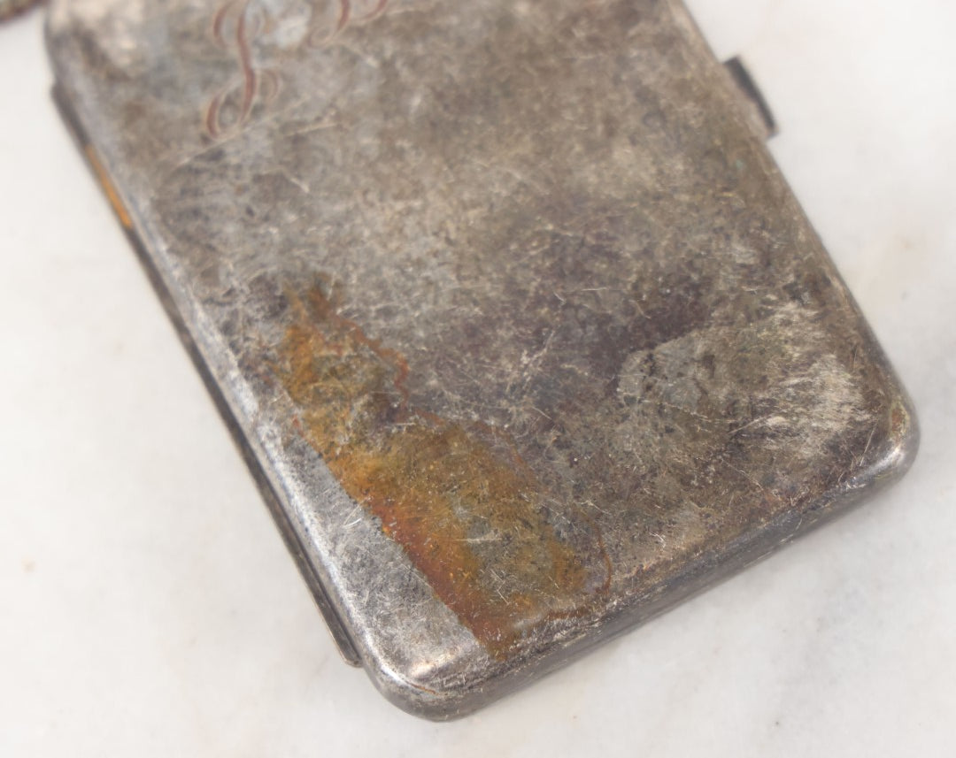 Lot 092 - Antique Silver Plate Change Purse, Compact, And Mirror, With J.L.S. Monogram, Chain, Beveled Mirror, Note Tarnishing