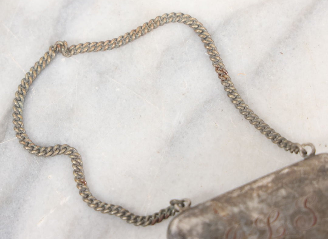 Lot 092 - Antique Silver Plate Change Purse, Compact, And Mirror, With J.L.S. Monogram, Chain, Beveled Mirror, Note Tarnishing