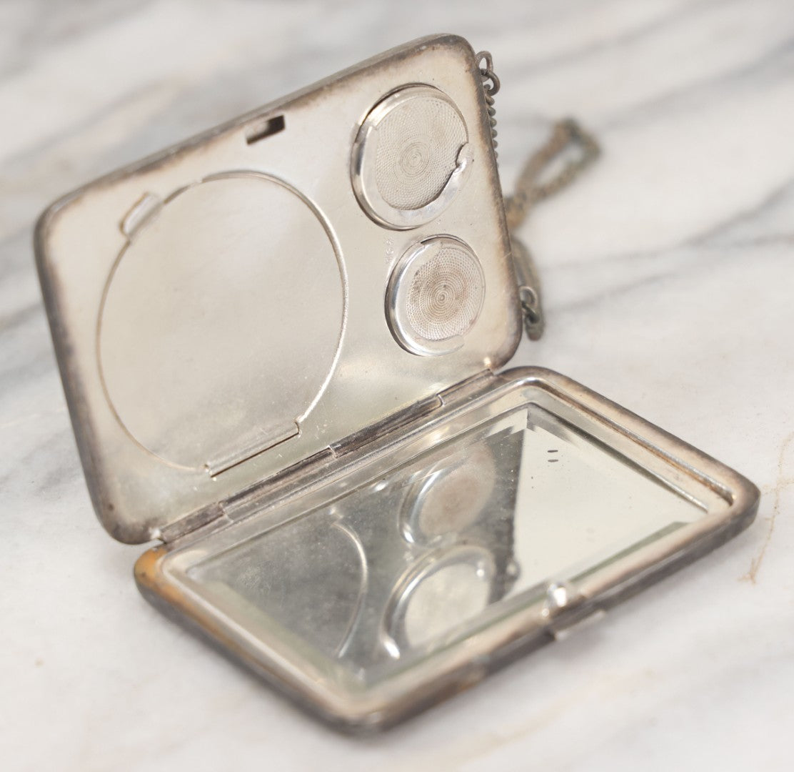 Lot 092 - Antique Silver Plate Change Purse, Compact, And Mirror, With J.L.S. Monogram, Chain, Beveled Mirror, Note Tarnishing