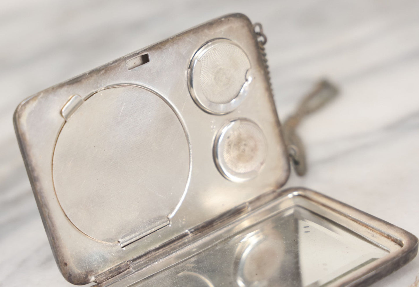 Lot 092 - Antique Silver Plate Change Purse, Compact, And Mirror, With J.L.S. Monogram, Chain, Beveled Mirror, Note Tarnishing
