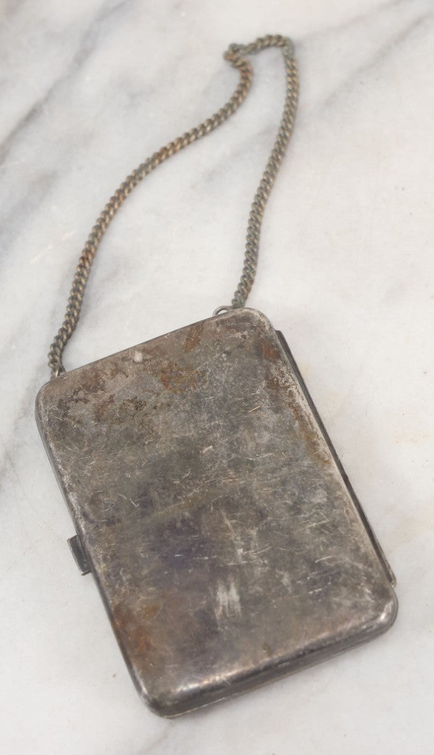 Lot 092 - Antique Silver Plate Change Purse, Compact, And Mirror, With J.L.S. Monogram, Chain, Beveled Mirror, Note Tarnishing