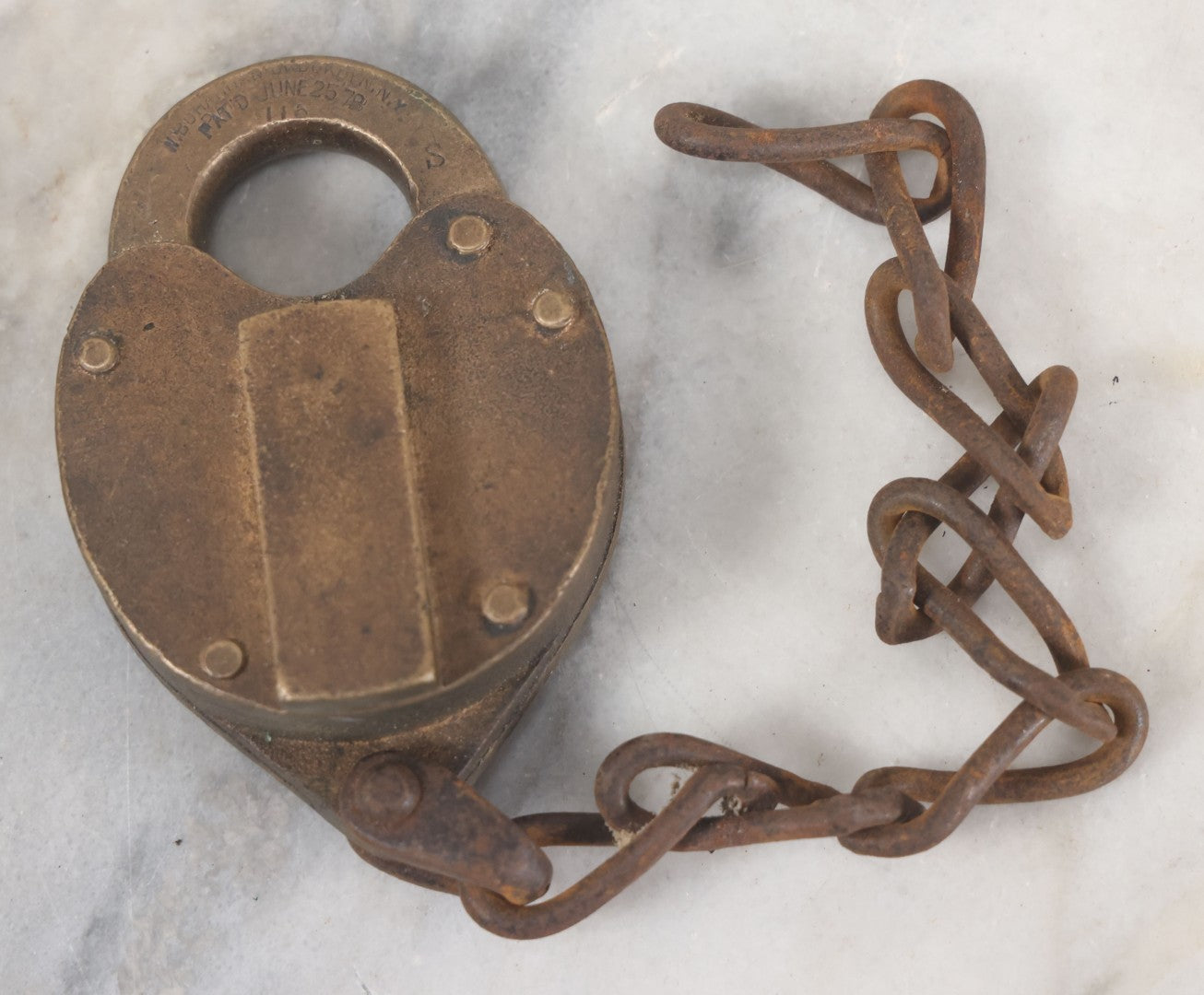 Lot 094 - Antique Brass Padlock From The Boston And Maine Railroad B&M R.R., N. Bohannan Manufacturer, Brooklyn, New York, Patented June 25, 1878, No Key