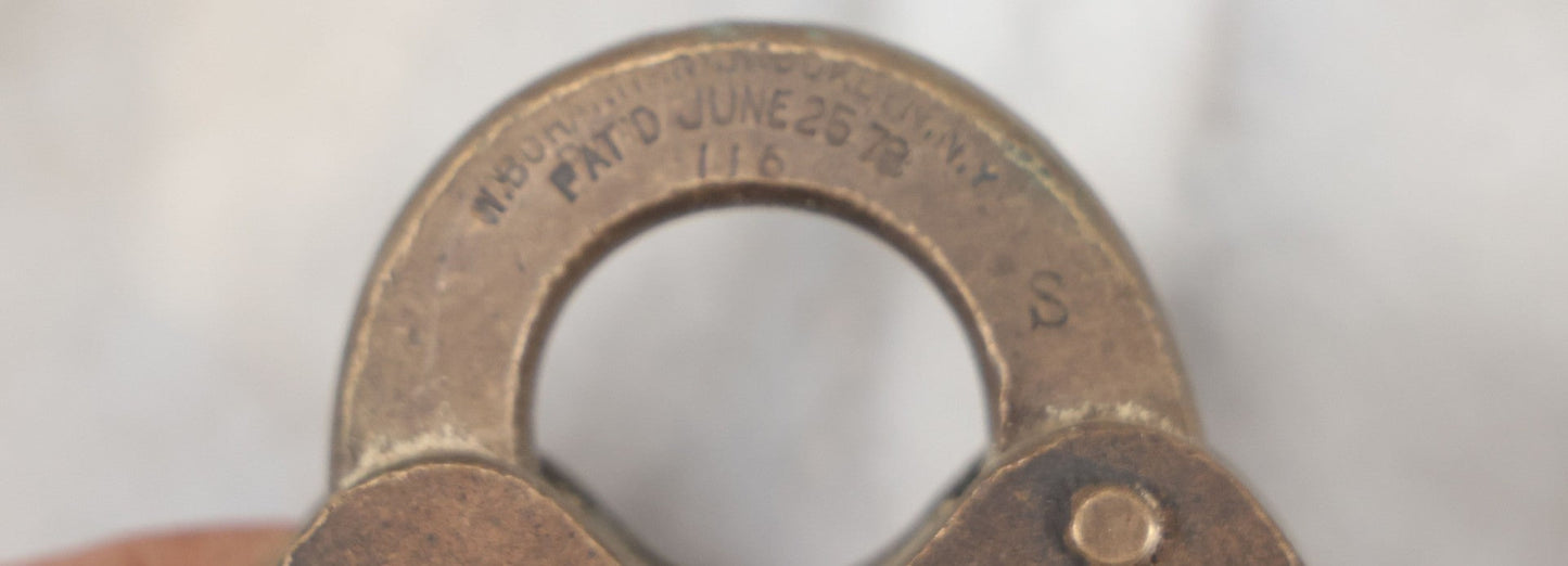 Lot 094 - Antique Brass Padlock From The Boston And Maine Railroad B&M R.R., N. Bohannan Manufacturer, Brooklyn, New York, Patented June 25, 1878, No Key