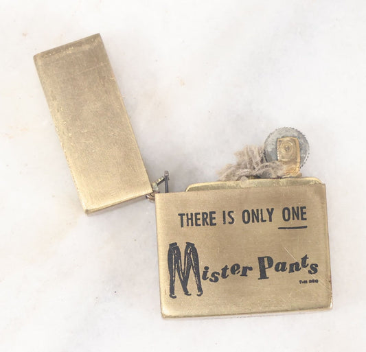 Lot 097 - Vintage "There Is Only One Mister Pants" Miniature Advertising Lighter, Working Condition, Needs Fuel, Has New Flint, By Continental, Japan