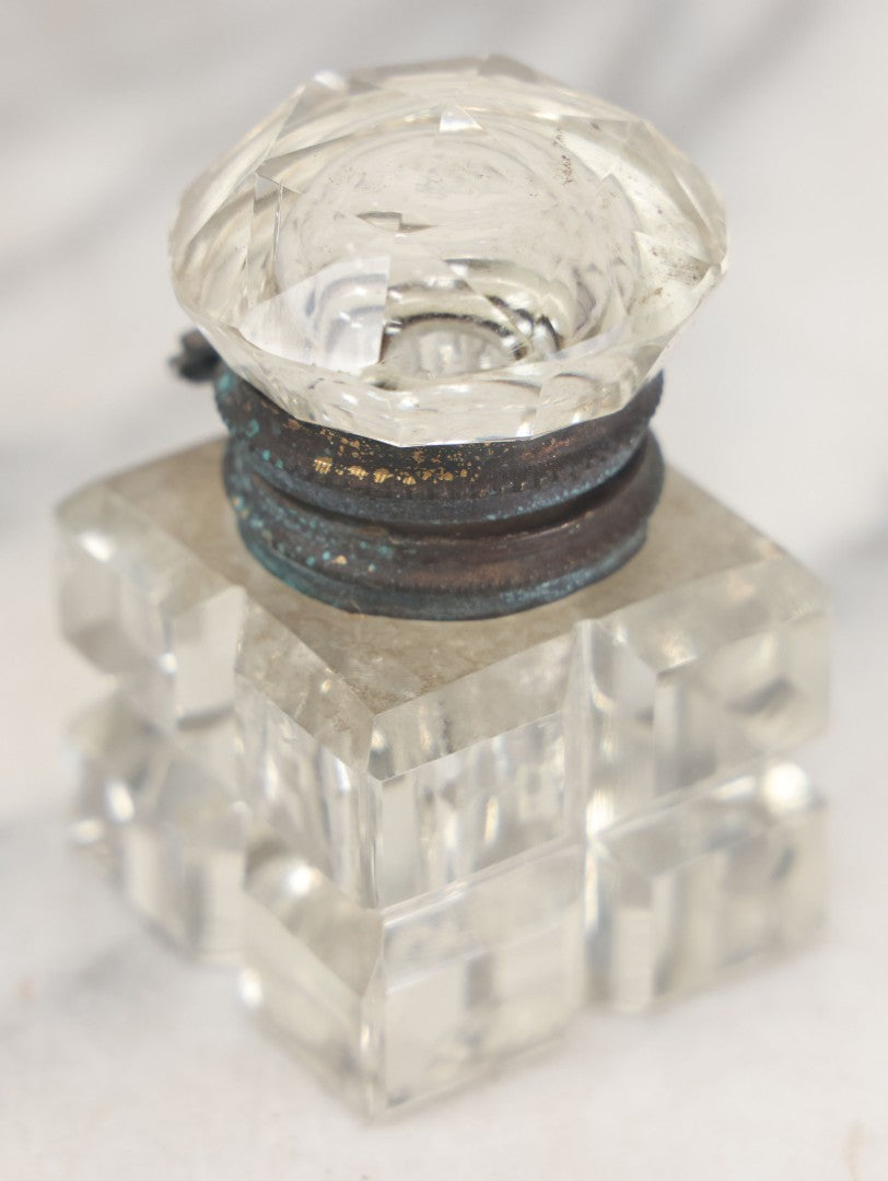 Lot 100 - Antique Cut Glass Inkwell With Square Base, Hinged Lid, Note Wear, Various Chipping