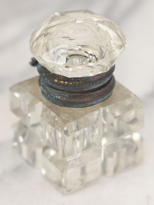 Lot 100 - Antique Cut Glass Inkwell With Square Base, Hinged Lid, Note Wear, Various Chipping