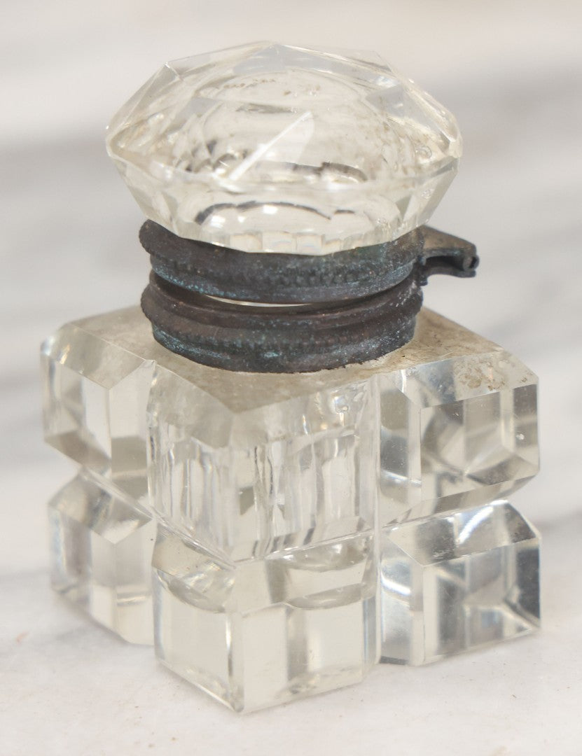 Lot 100 - Antique Cut Glass Inkwell With Square Base, Hinged Lid, Note Wear, Various Chipping