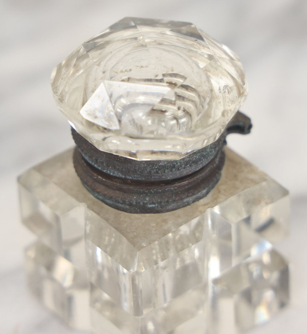 Lot 100 - Antique Cut Glass Inkwell With Square Base, Hinged Lid, Note Wear, Various Chipping