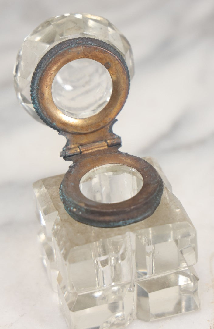 Lot 100 - Antique Cut Glass Inkwell With Square Base, Hinged Lid, Note Wear, Various Chipping