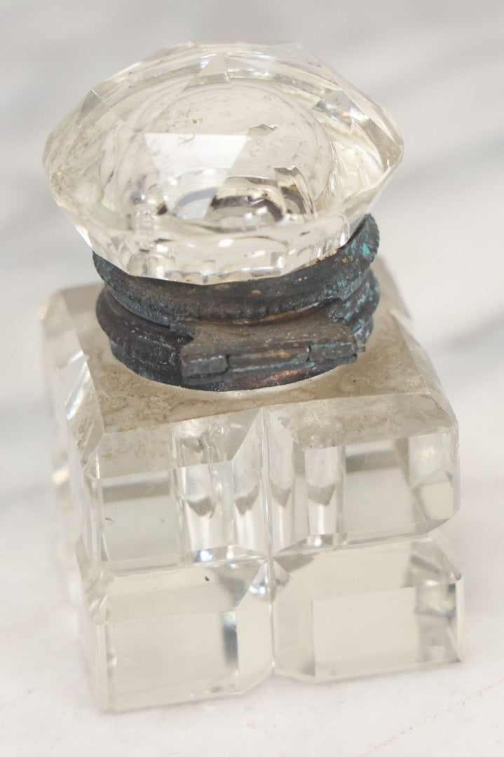 Lot 100 - Antique Cut Glass Inkwell With Square Base, Hinged Lid, Note Wear, Various Chipping