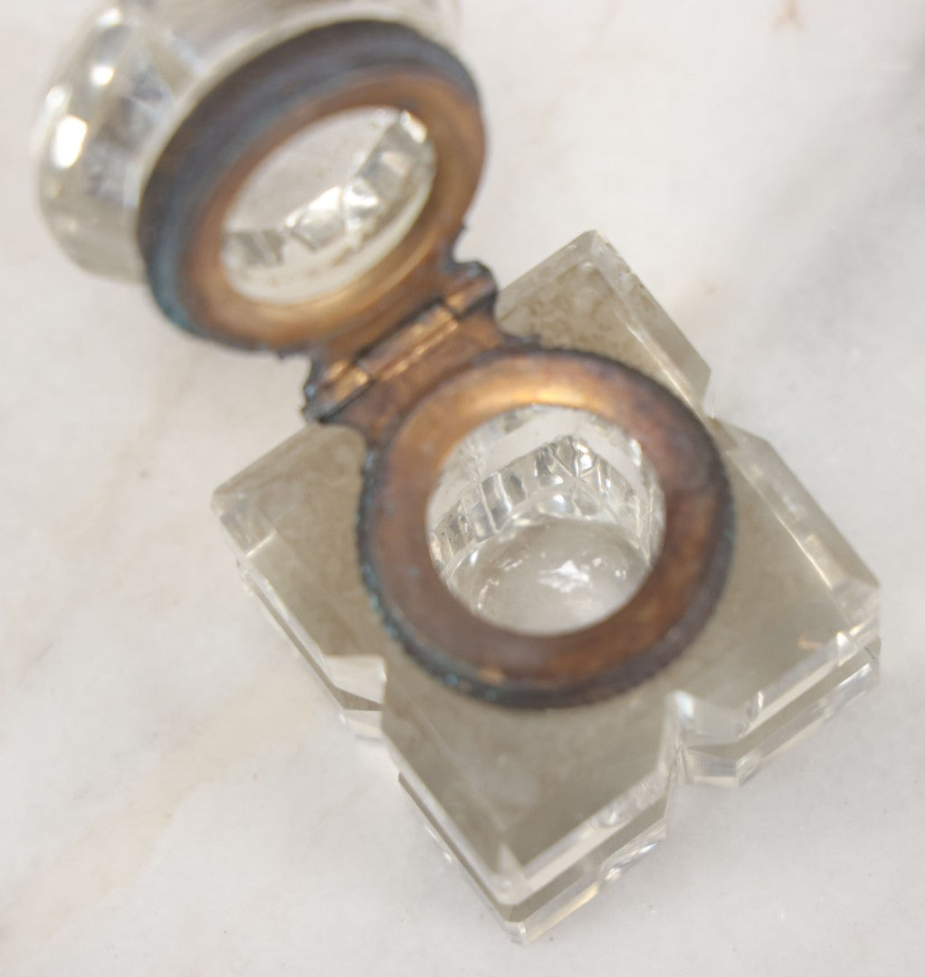 Lot 100 - Antique Cut Glass Inkwell With Square Base, Hinged Lid, Note Wear, Various Chipping