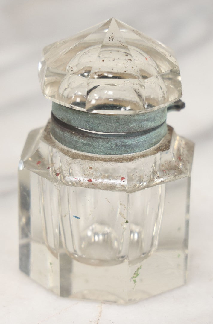 Lot 101 - Antique Cut Glass Inkwell With Octagonal Base, Diamond Shaped Hinged Lid, Note Wear, Various Chipping
