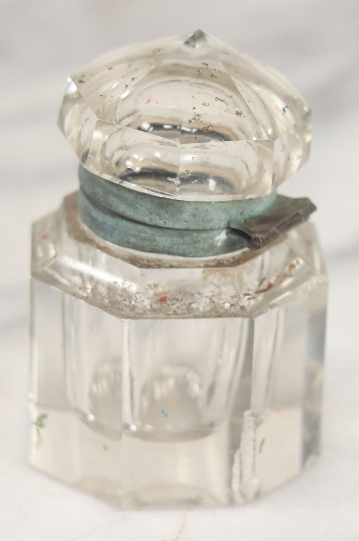 Lot 101 - Antique Cut Glass Inkwell With Octagonal Base, Diamond Shaped Hinged Lid, Note Wear, Various Chipping