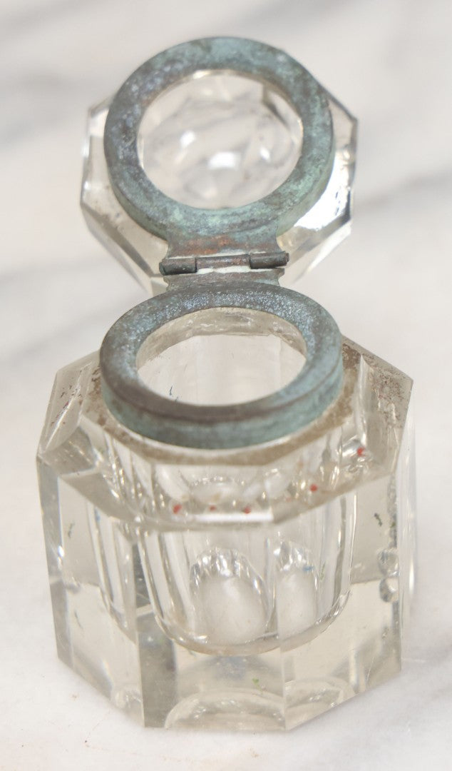 Lot 101 - Antique Cut Glass Inkwell With Octagonal Base, Diamond Shaped Hinged Lid, Note Wear, Various Chipping