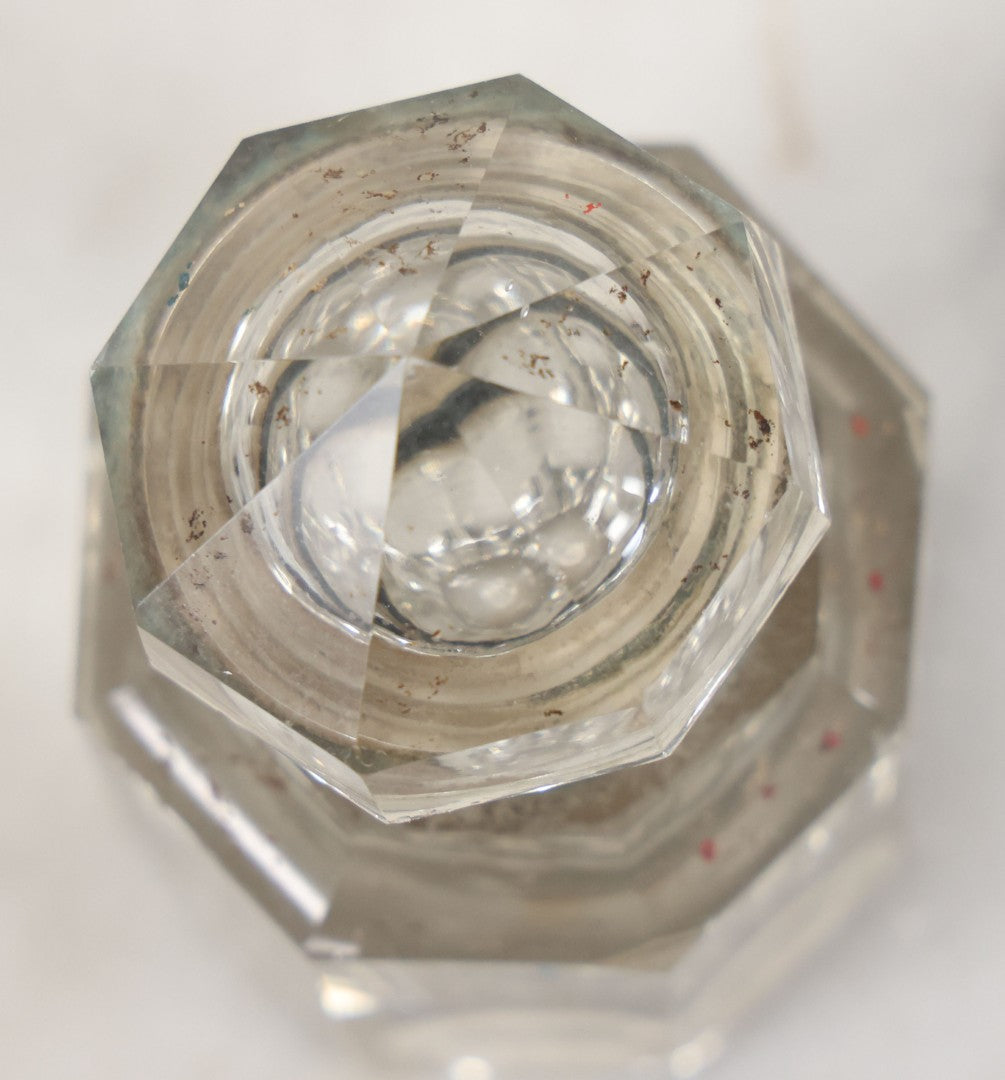 Lot 101 - Antique Cut Glass Inkwell With Octagonal Base, Diamond Shaped Hinged Lid, Note Wear, Various Chipping