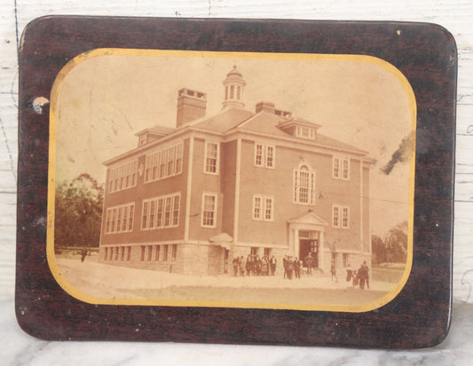 Lot 103 - Antique Rectangular Celluloid Photo Button Of A Brick School, Students Standing Outside, Circa Early 20th Century