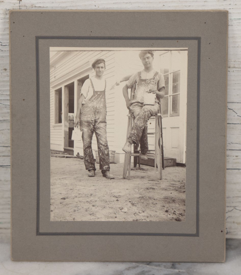 Lot 105 - Antique Boarded Occupational Photo Of Two Painters On The Job, In Paint Covered Overalls, 1907, Identified
