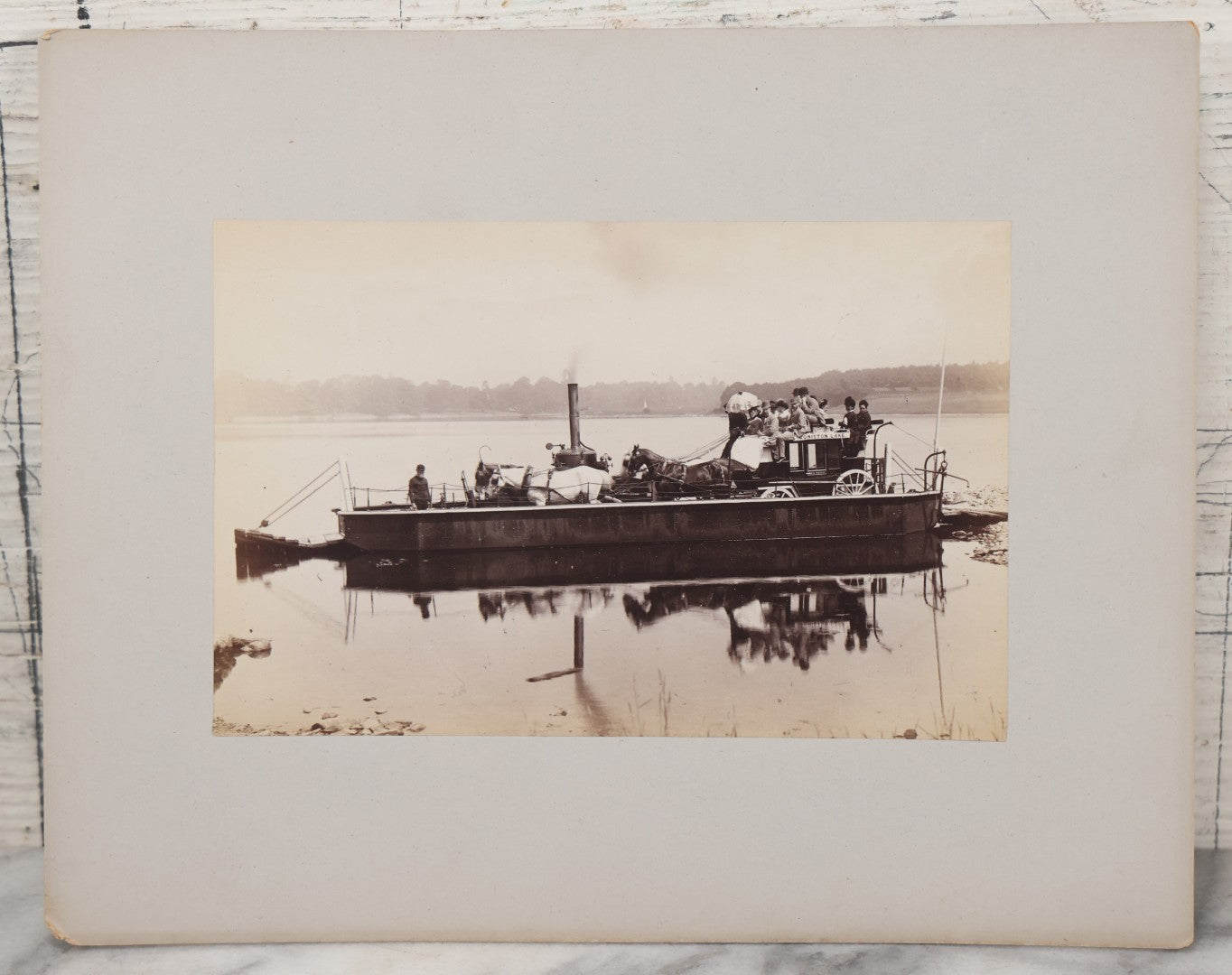 Lot 107 - Antique Boarded Photo Of A Steam Powered Ferry On Coniston Lake, Coniston Water, England, With Horse Drawn Carriage, Passengers