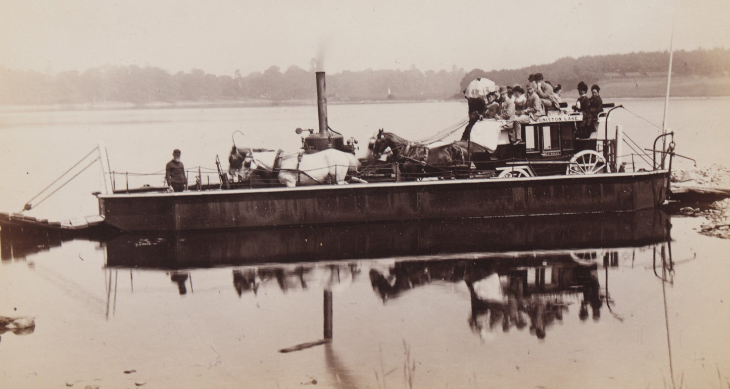 Lot 107 - Antique Boarded Photo Of A Steam Powered Ferry On Coniston Lake, Coniston Water, England, With Horse Drawn Carriage, Passengers