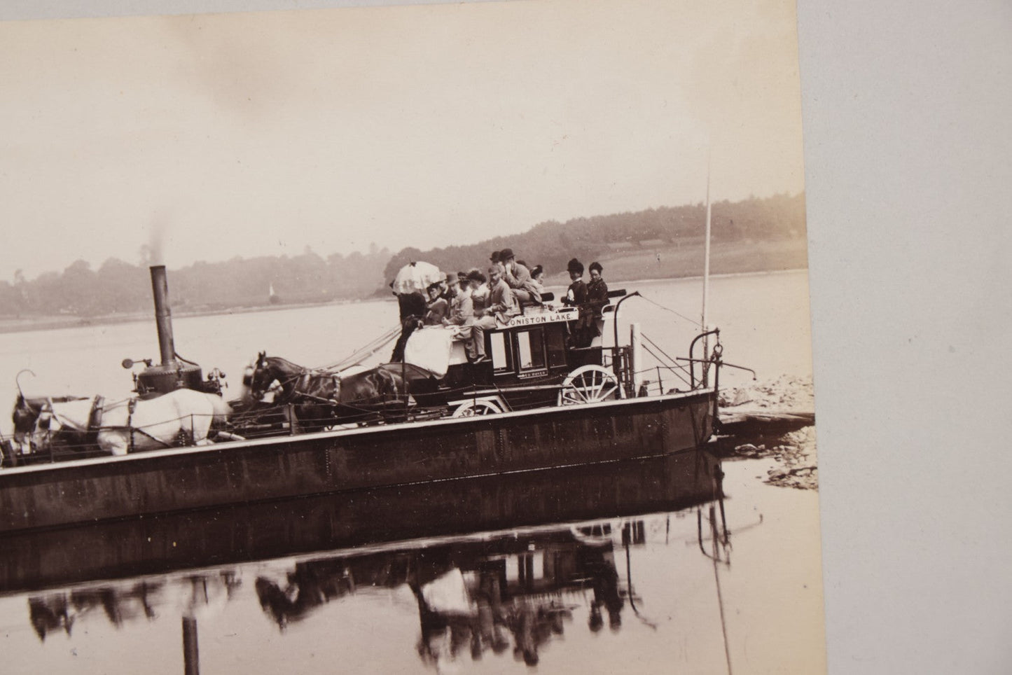 Lot 107 - Antique Boarded Photo Of A Steam Powered Ferry On Coniston Lake, Coniston Water, England, With Horse Drawn Carriage, Passengers