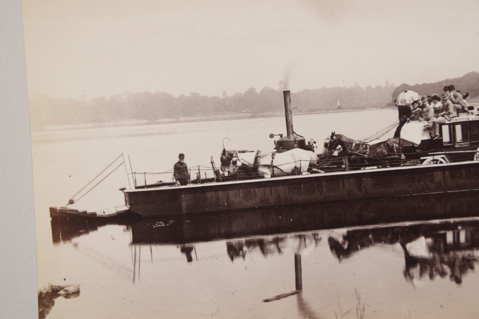 Lot 107 - Antique Boarded Photo Of A Steam Powered Ferry On Coniston Lake, Coniston Water, England, With Horse Drawn Carriage, Passengers