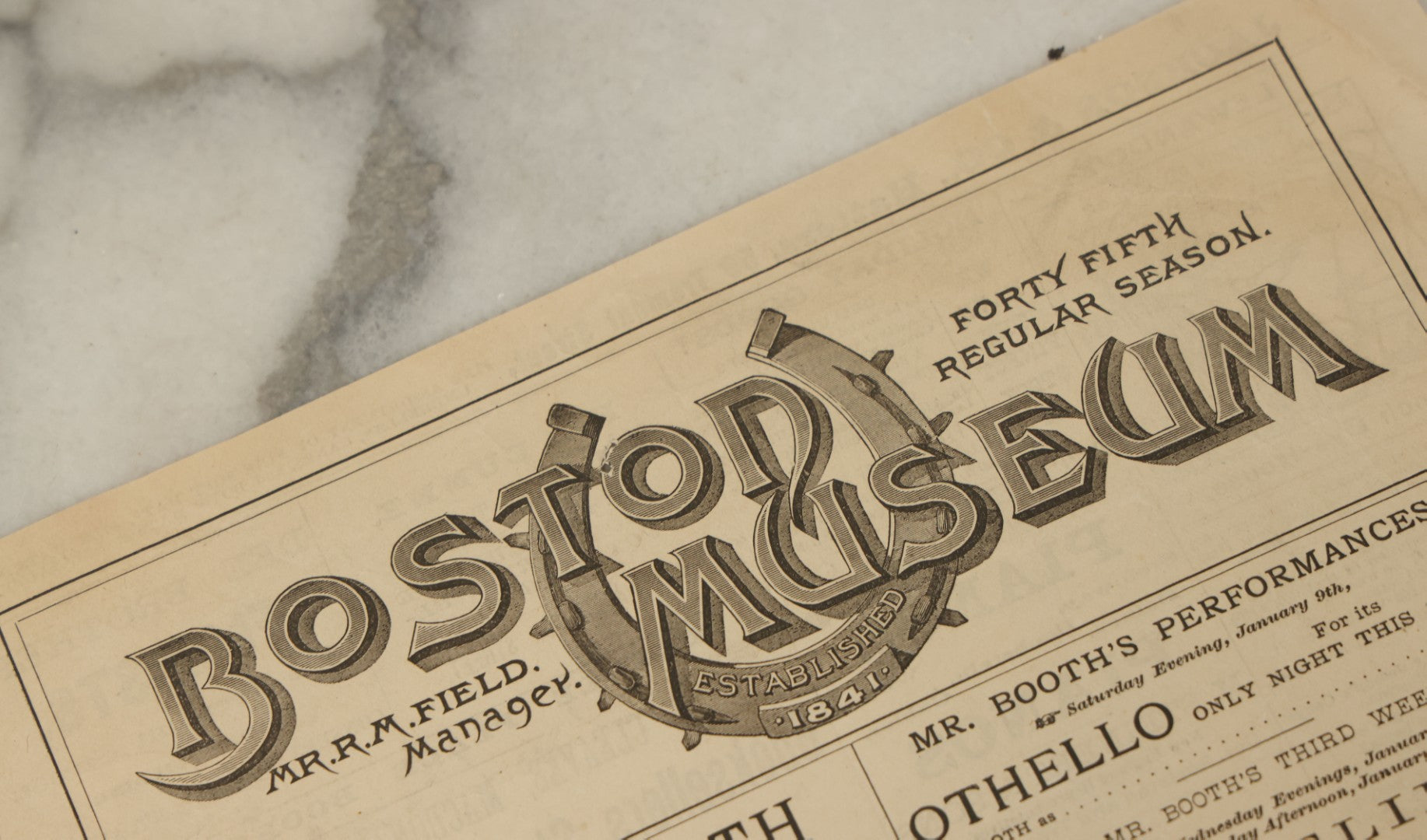 Lot 126 - Antique Advertisement For Edwin Booth (Brother Of John Wilkes Booth) As Hamlet, From The Boston Museum Company Theater, January 1886