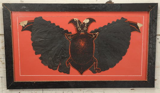 Lot 009 - Vintage Embossed Paper And Crepe Halloween Bat Decoration In Custom Frame, Made In U.S.A., Note Wear, Losses, 24-7/8" x 14-1/4"