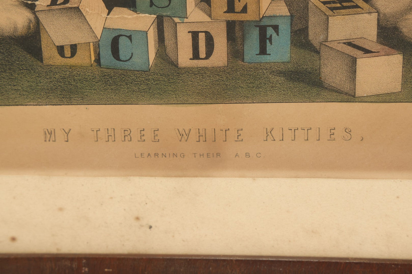 Lot 041 - Antique Hand Colored Lithograph Print Of "My Three White Kittens" Cats Playing With Blocks, "Learning Their A B C," Published By Currier & Ives, 19th Century, Note Frame Wear, 18-5/8" x 15-5/8"