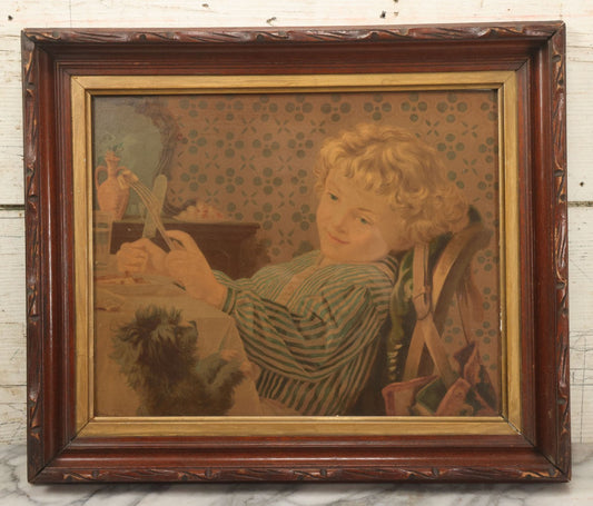 Lot 043 - Antique Chromolithograph Of Dog Begging Child At Dinner Table, Circa 1873, Presented To Subscribers To The Christian Union, Lithographed By Dupuy Of Paris, In Frame, 17-1/2" x 14-3/4"