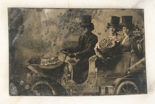 Lot 056 - Single Antique Tintype Photograph, Three Women In Top Hats Driving In Early Automobile, Smiling