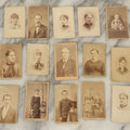 Lot 099 - Grouping Of Antique 15 Carte De Visite C.D.V. Photographs Of Men, Women, And Children, Including Woman With Cross, Man With Large Mustache, Seated Child, And Others