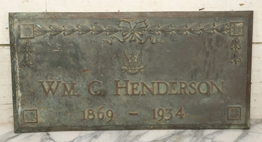Lot 005 - Vintage Cast Metal (Likely Bronze) Wall Plaque Grave Marker For William C. Henderson (1869-1934), With Scottish Rite 32nd Degree Freemasonry Symbol, 24" x 12"