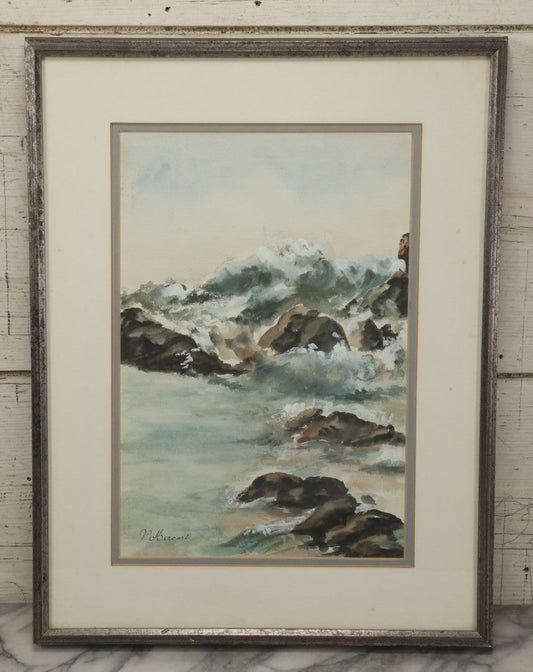 Lot 007 - Vintage Framed Watercolor Nautical Seascape Painting, Waves Crashing On Rocky Shore, Signed By Artist, V. Mercuri, 15-1/4" x 19-3/4"