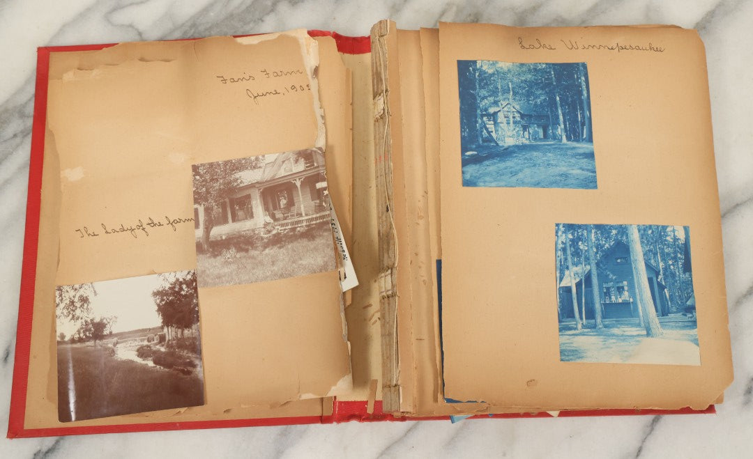 Lot 133 - Antique Red Scrapbook Photo Album With Many Cyanotype And Snapshot Photographs Including Lake Winnipesaukee, New Hampshire, Circa 1900-1905 (All Pages Pictured)