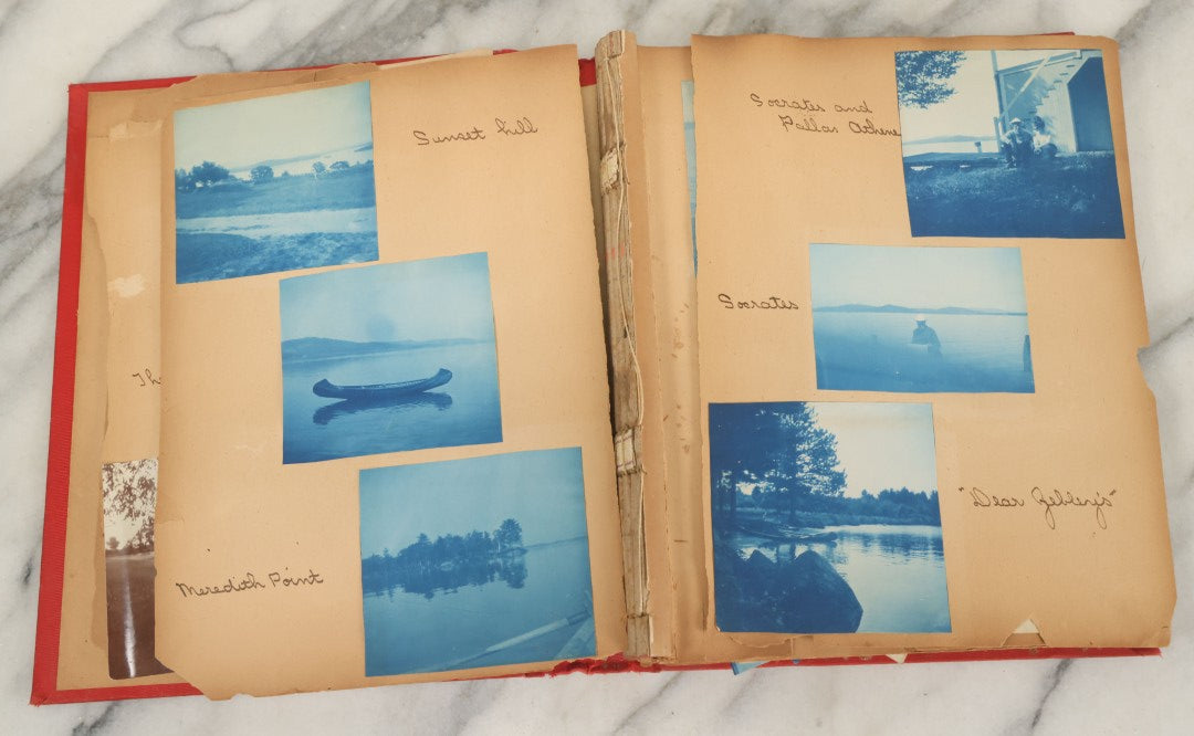 Lot 133 - Antique Red Scrapbook Photo Album With Many Cyanotype And Snapshot Photographs Including Lake Winnipesaukee, New Hampshire, Circa 1900-1905 (All Pages Pictured)