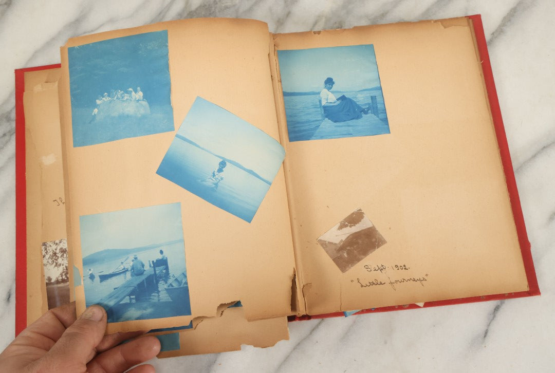 Lot 133 - Antique Red Scrapbook Photo Album With Many Cyanotype And Snapshot Photographs Including Lake Winnipesaukee, New Hampshire, Circa 1900-1905 (All Pages Pictured)