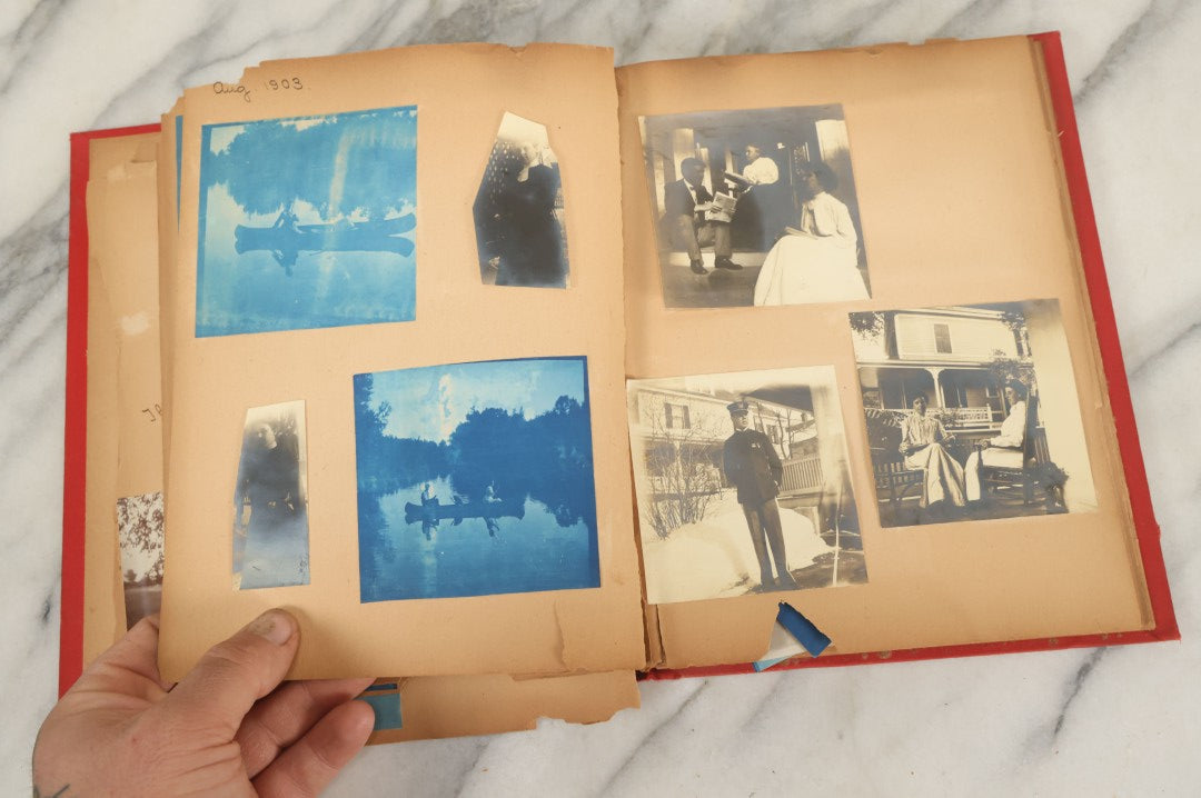 Lot 133 - Antique Red Scrapbook Photo Album With Many Cyanotype And Snapshot Photographs Including Lake Winnipesaukee, New Hampshire, Circa 1900-1905 (All Pages Pictured)