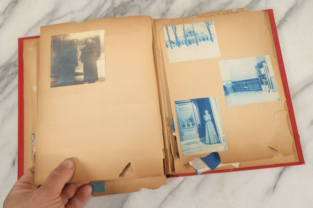 Lot 133 - Antique Red Scrapbook Photo Album With Many Cyanotype And Snapshot Photographs Including Lake Winnipesaukee, New Hampshire, Circa 1900-1905 (All Pages Pictured)